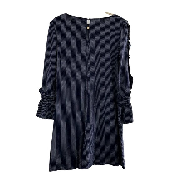 Luxology Navy Pinstripe Ruffle Sleeve Dress 8 Rayon Tencel Striped Old Money - Picture 8 of 10